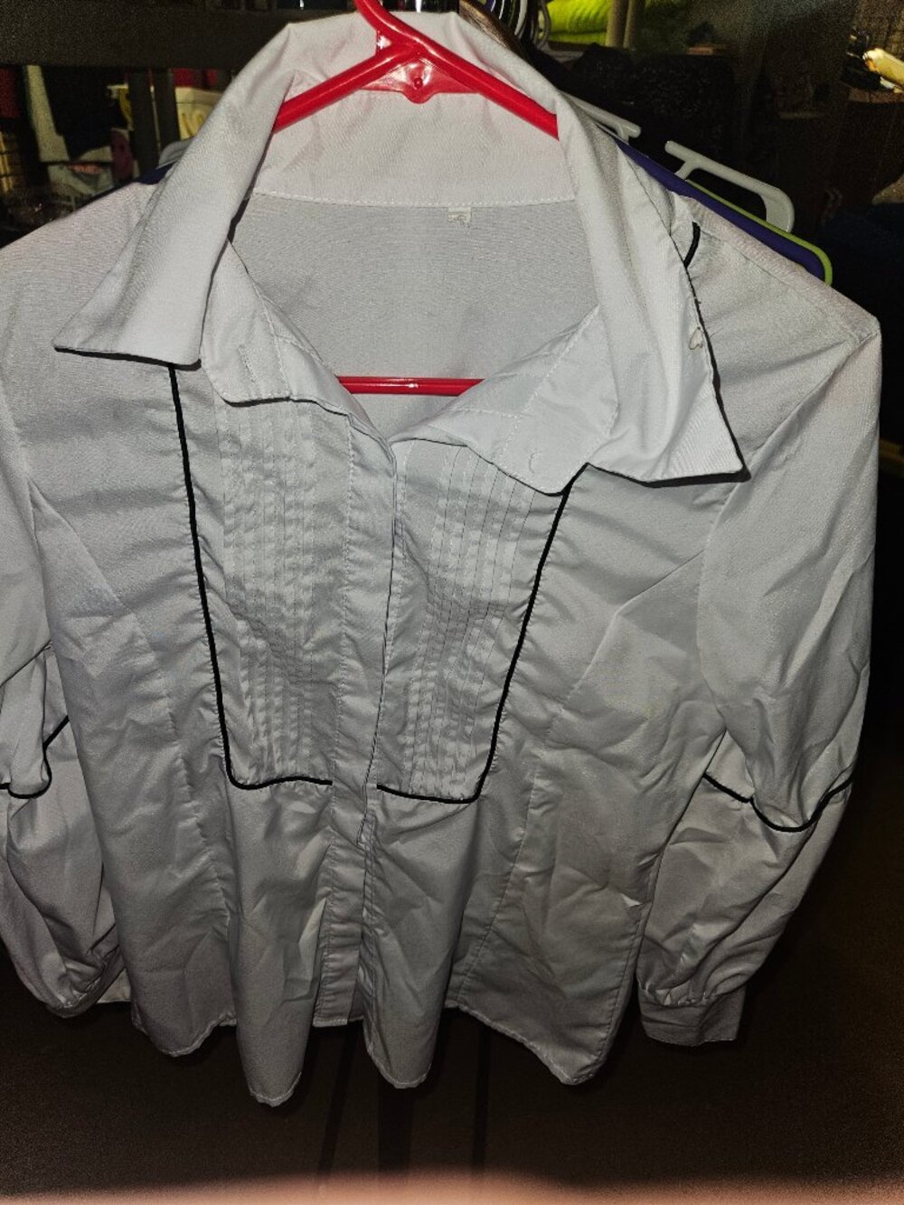 White Long Sleeve Dress Shirt with Black Trim - Size X-Small
